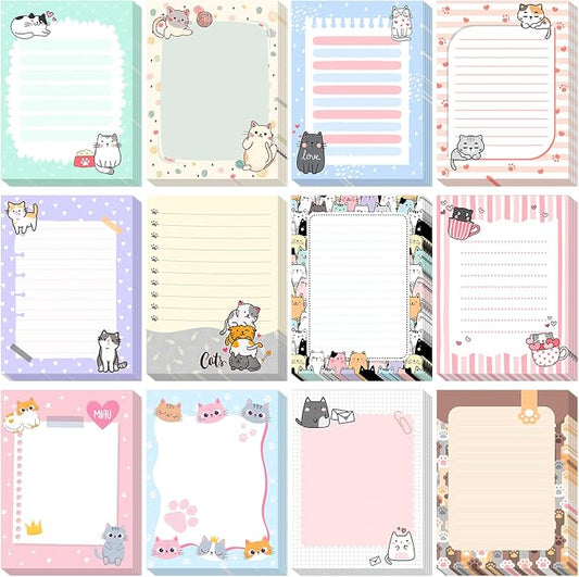 Chiisong 12 Pieces Cats Sticky Notes Cute Cat Gift Self Stick Notepads 3x4 Inch Kawaii Memo Notes for Animal Lover Cartoon Animal to Do List for Office Home Supplies Roommates Gift