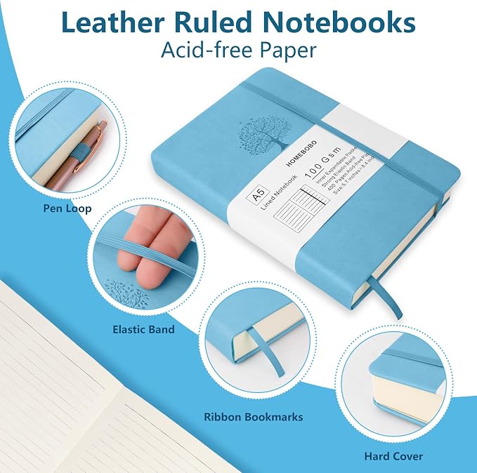 Journals for Writing, A5 Leather Ruled Notebook with 400 Pages, 100 Gms College Ruled Journal with Thick Paper, Hardcover with Inner Pocket & Pen Holder, Sky Blue