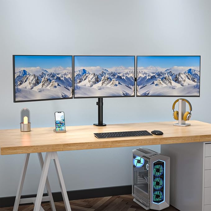 WALI Adjustable Triple Monitor Mount for 13-27 inch Screens, 22 lbs per Arm | 3 Monitor Desk Mount, Full Motion with Tilt, Swivel, Rotation, C-Clamp & Grommet Base, VESA 75/100mm (M003S), Black