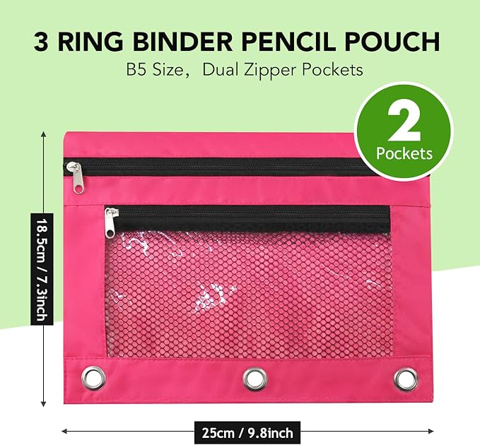 Pencil Pouch for 3 Ring Binder, Heavy Duty Canvas Dual Zipper Pen Bag with Clear Window, Smooth Metal Zipper, Fit Standard 3-Ring Binders for School Office Travel Supplies