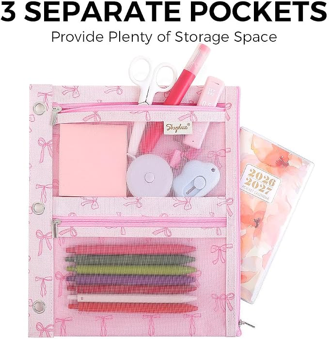 SKYDUE 3 Ring Pencil Pouch for Binder, Zipper Binder Pencil Pouch with 3 Pockets and Mesh Window, Durable Organizer for School Supplies, Cables, Earbuds, Makeup
