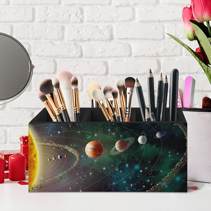 Black Outer Space Decor Wooden Pen Pencil Holder for Desk, Black Space Themed Bedroom Decor Gift for Kids Men, The Solar System Wood Makeup Brush Toothbrush Holder Organizer for Library Bedroom