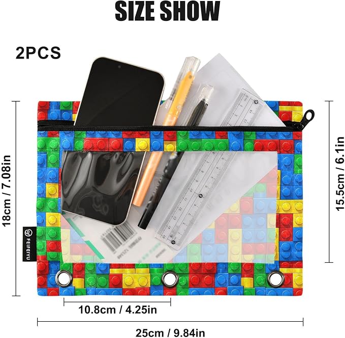 Gredecor 3 Ring Binder Pencil Pouch, Plastic Building Blocks-1 Zippered Pen Case Pouches with Clear Window, 2 Pack Stylish Office & School Supplie