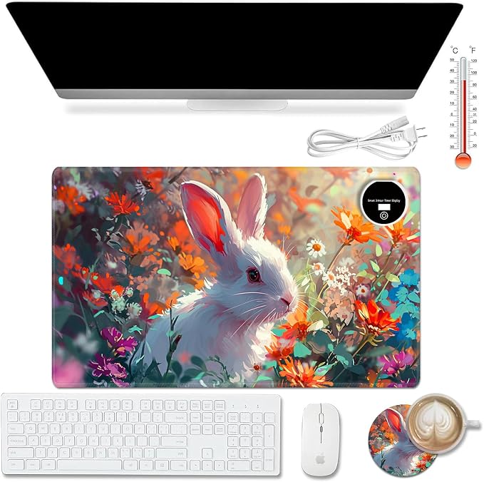 Heated Desk Pad Mouse Pad,Heated Desk Mat,with 3 Heating Levels & 3 Hours Auto Shut-Off,Leather 23.6"*14.2" Gaming Mouse Laptop Mat,Foot Warmer,Cute Rabbit Floral