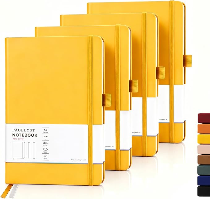PAGELYST Dotted Journal Notebook, 200 Pages,4 Pack Leather Bullet Journal for Women Men, A5 Medium 5.7'' x 8.3'', 100 GSM Thick Paper for Journaling, Planning, Tracking (Yellow)