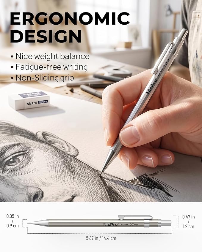 Nicpro 4 Pack Mechanical Pencil 0.7mm, MB1000 Metal Mechanical Pencil Set | 6 Tube HB #2 Lead Refill 0.7 mm, 3PCS 4B Eraser, 9 Cap Eraser, Storage Case for Artist Drafting Writing, Sketching, Drawing