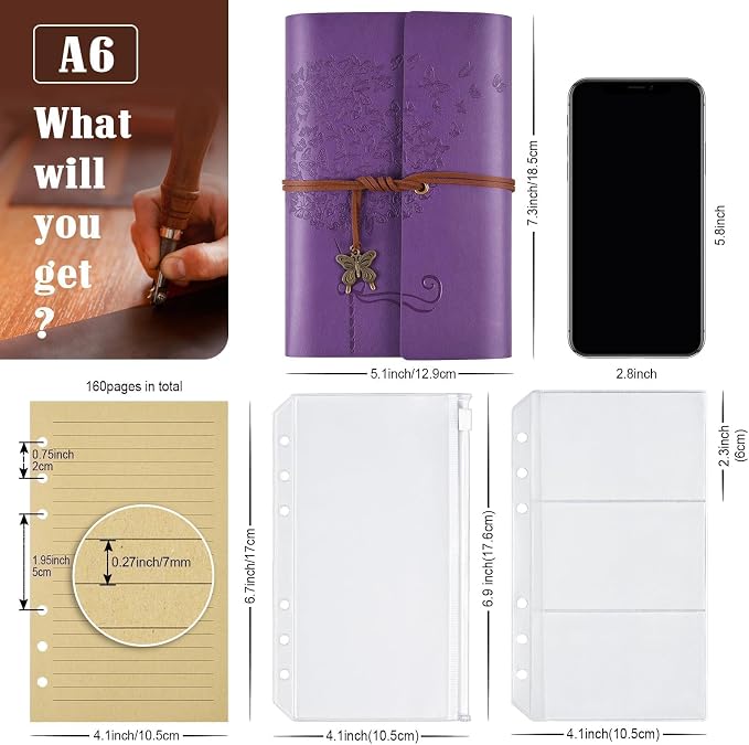 6 Pack PU Leather Notebook Journal, Travel Journal Bulk, Refillable Vintage Journals for Writing,Christmas Gifts for Women, Men, Girls, 100GSM Lined Paper, Each 160 Pages & 2 Pockets(A6, 5 x 7 inches)