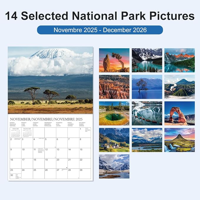 Calendar 2026 - Wall Calendar from January 2026 to December 2026, 3 Languages(English,French,Spanish), 2026 Wall Calendar with Holiday Marked, Premium Paper for Organizing, 8.5" x 11",National Park - B