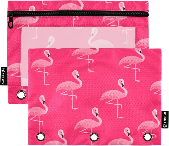 Flamingo on Pink Pencil Pouch Fits standard 3-ring binders, Zipper Binder Pencil Bag with Clear Window for Office 2 Pack