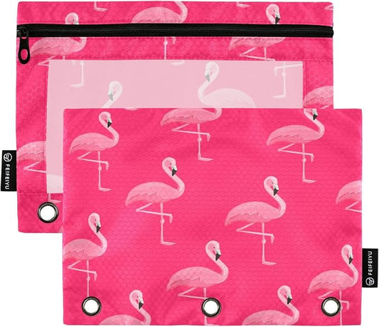 Flamingo on Pink Pencil Pouch Fits standard 3-ring binders, Zipper Binder Pencil Bag with Clear Window for Office 2 Pack