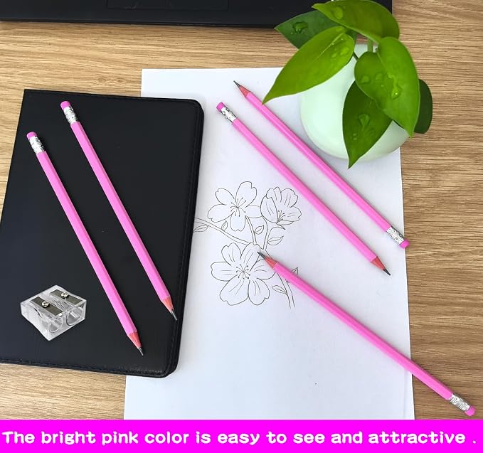 Adhere 25pcs Woodcase Pencils with Eraser Premium Pre-Sharpened Hexagon Graphite 2B pencils ideal for home, office writing including a Free Sharpener(Pink・25pcs)