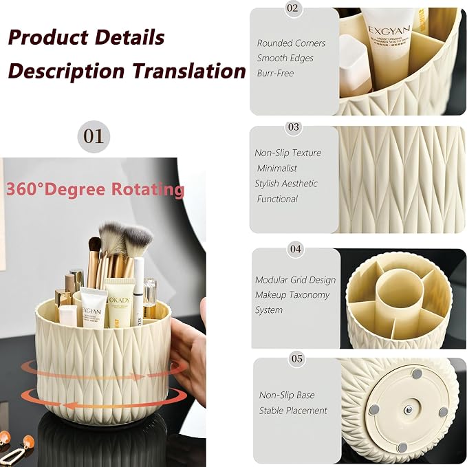 Rotating Makeup Brush Holder - Beige 5 Slot 360° Spinning Organizer for Vanity Desk, Cute Aesthetic Storage for Women, Multi-purpose Pen Pencil Caddy for Office Home Art Supplies