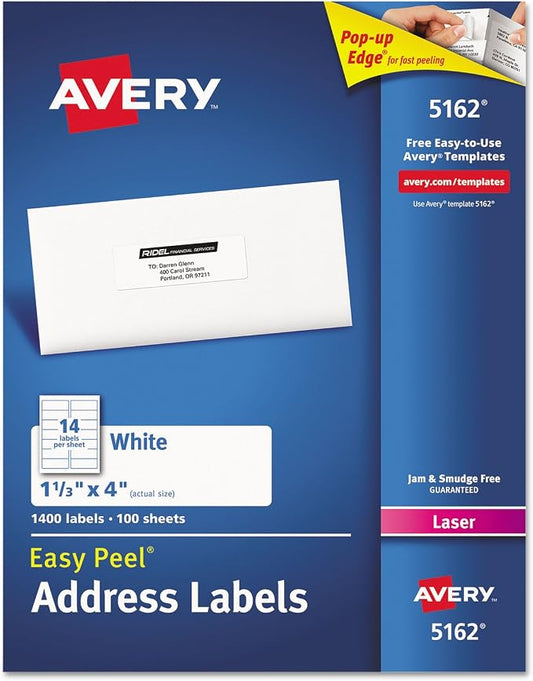 Avery 5162 Easy Peel Address Labels, Laser Print, 1-1/3-Inch x 4-Inch, White, 1400/Box