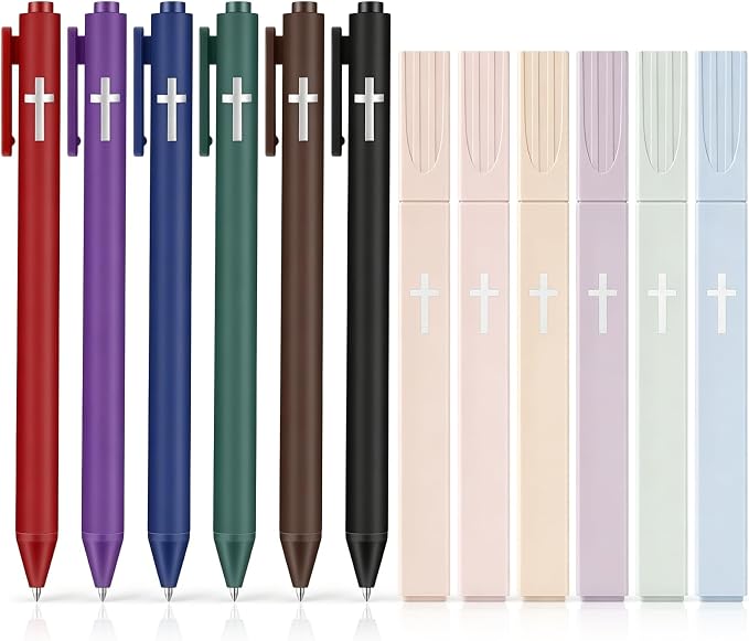 12 Pcs Cross Gel Pens and Highlighters Set 6 Gel Pens 0.5mm 6 No Bleed Highlighters Bible Study Pen and Highlighter for Journaling Church Supplies Christian Stationery (Black,Pastel)