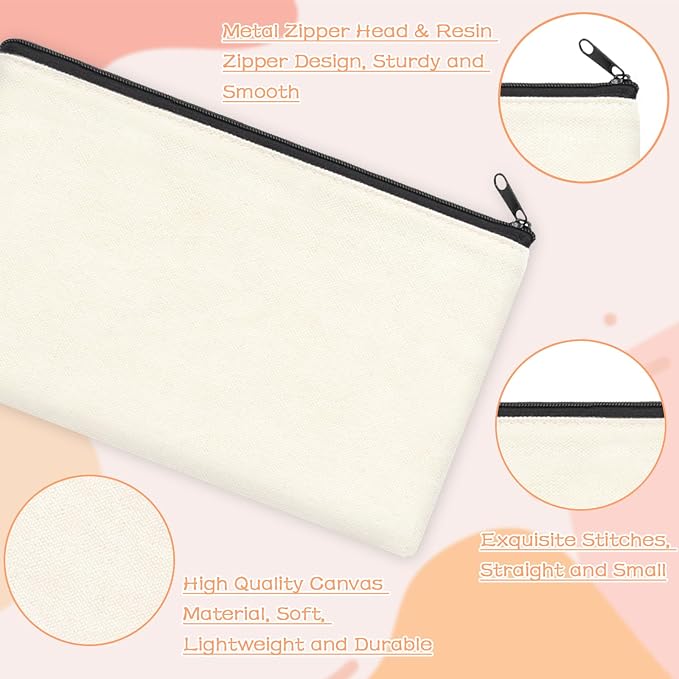 ZeeDix Canvas Zipper Pouch Bulk – 8.3 x 5 Inches Cotton Canvas Pouches with Zipper, Canvas Pencil Pouch, Makeup Bags Bulk for Travel Cosmetic Toiletry, Multipurpose Zipper Pouch for DIY Craft Storage