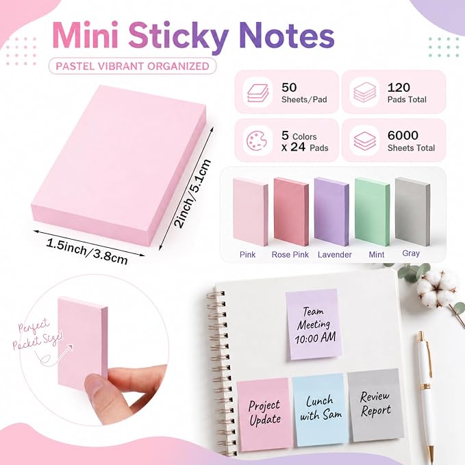 Fainne 120 Pads Sticky Notes Bulk 1.5 x 2 Inch Mini Self Stick Note Small Assorted Bright Colors Paper Memo for Office School Notebook Supplies 50 Sheets/pad (Simple Style,Pastel Mix)
