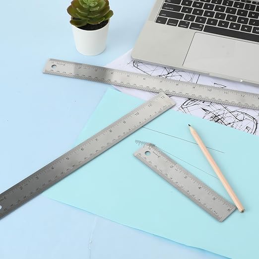 Metal Ruler with Cork Backing 6+12+18 Inch Stainless Steel Metal Ruler Non-Slip Rulers with Inch and Centimeters Straight Edge Cork Base Rulers for Drafting Office Tools, Prevent Ink Leakage