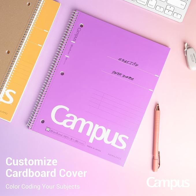 KOKUYO Spiral Notebooks, 3 Pack Wide Ruled 10-1/2" x 8" Lined Notebooks | Campus Subject Notebooks, 80 Sheets, 3 Holes School Japanese Ring Journal for Work Study Note Taking, Purple Orange Turquoise