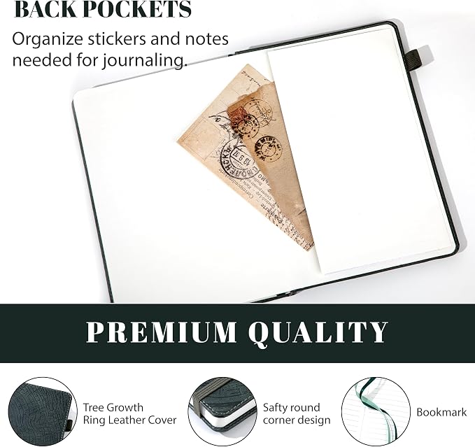 CAGIE Lined Journal for Men Women, Tree Growth Ring Leather Bound Journal Notebook, 256 Pages 100 GSM Paper Journals for Writing, A5 Hardcover Journaling Notebooks,2 Pack (Brown & Dark Green)