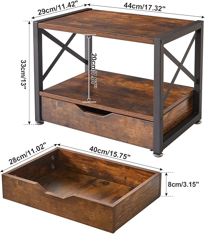 IBUYKE 2 Tier Desktop Printer Stand with Drawer Storage TLJ006H | Multi-Purpose Desk Organizer,Wooden Printer Stand for Folders,Books,for Fax Machine, Scanner,Home Office