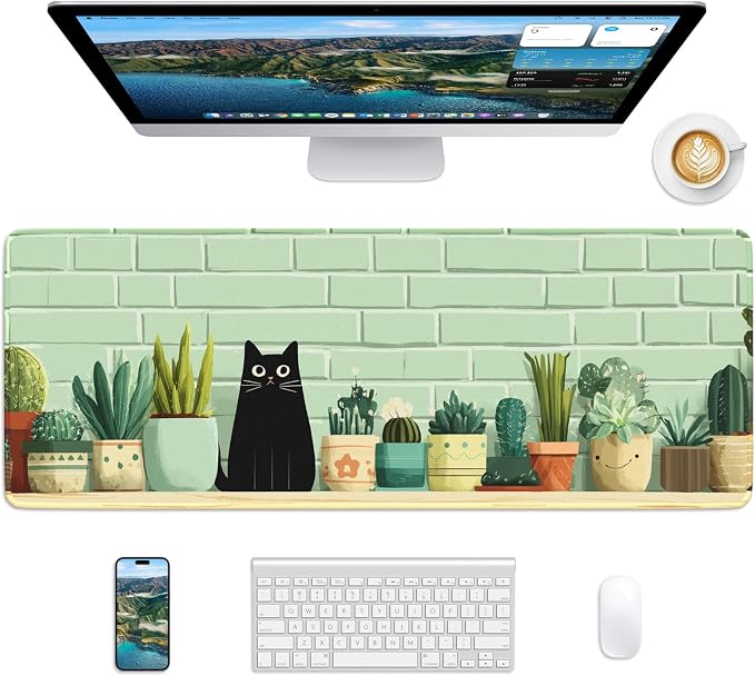 Black Cat Mouse Pad, 31.5 x 11.8 Large Desk Mat with Stitched Edges & Non-Slip Base, Mousepad for Office, Home, Work