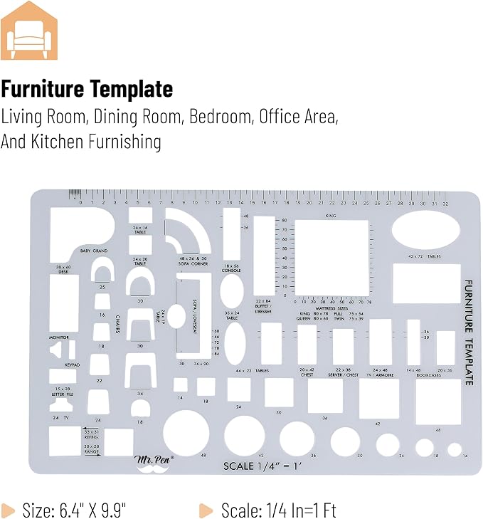 Mr. Pen- House Plan, 3 pcs, Interior Design and Furniture Templates | Clear Flexible Plastic, Drafting Tools, Ruler Shapes for Architecture, 1/4 Inch Scale, Kitchen, Bath, Bedroom, Office