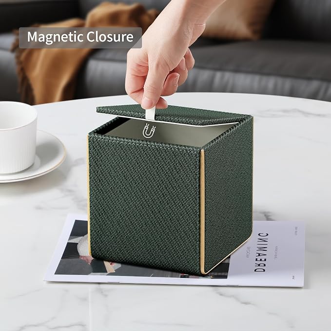 Square PU Leather Tissue Box Cover with Magnetic Closure, Decorative Tissue Holder & Storage Container for Bedroom, Living Room, Dining Room, Bathroom, Countertop, Desk (Square Dark Green Twill)