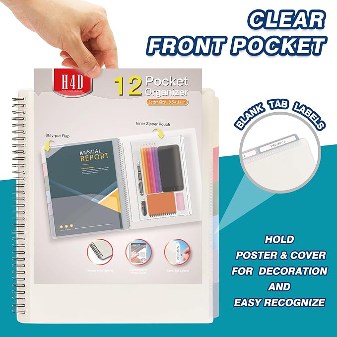 H4D 12 Pocket Poly Project Organizer, Multi Pocket Folder, Pastel Colors | 12 Pocket, Spiral, Multi-Subject, Folder Notebook, Letter Size