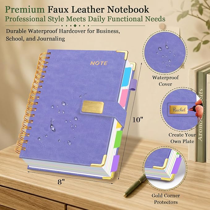 Hardcover Spiral Notebook 8''x 10'' College Ruled Notebook with Magnetic Closure, 300 Pages 5 Subject Notebooks with Pocket Dividers for Work School, B5 Leather Journal for Women, Men (Lilac Purple)