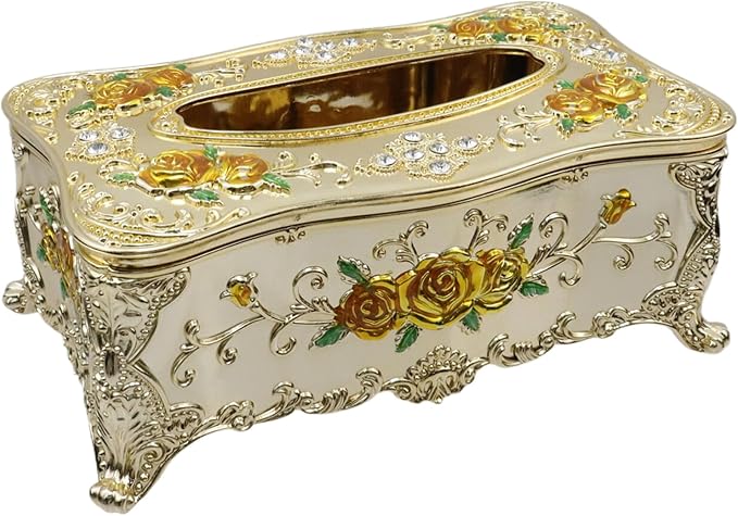 Luxurious Rose Tissue Box with Imitation Diamonds,Gold-Yellow | 9.45"x5.43"x3.94"，Embossed Flowers, Elegant Tissue Paper Holders，for Home Toilet Bath Hotel