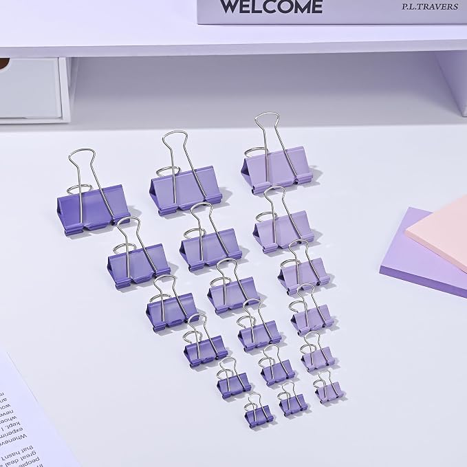 Temiary Aesthetic Binder Clips, Small Metal Binder Clip with Clear Storage Container, Binding Paperwork Clamps for School Teachers Office Supplies (Purple 0.75 Inch, 40P)