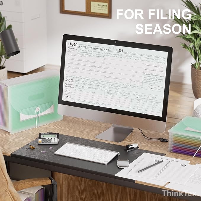 ThinkTex Accordion File Organizer, 12 - Pocket Expanding File Folders | for Receipts, Bills & Taxes Organizer, Letter/A4 Size Document Holder for School, Office, Home with Colorful tabs- Green