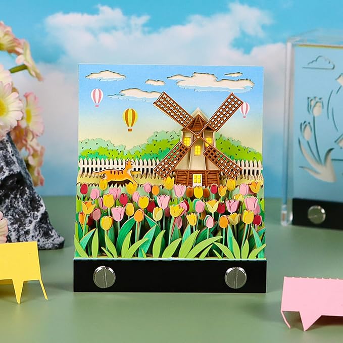 3D Memo Pad, Windmill 3D Notepad Paper Carving Non-Stick Sticky Notes Cute Silhouette, 3D Art Memo Pad Paper Art with Lights DIY Desk Decoration Gift