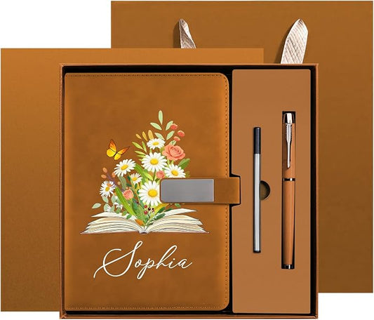Personalized Notebook with Pen and Gift Box - A5 Lined PU Leather Journal - Gift for Women, Business Professionals, Students, Teachers, Mom - Custom Name