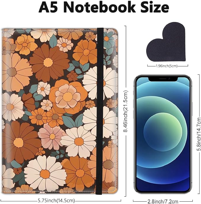 A5 Leather Lined Journal Notebook, 200 Pages Hardcover Executive Notebook for Men Women Office School Note Taking, Thick Writing Paper Daily Journal with Bookmarks/Indexes, Cute Flower Painting