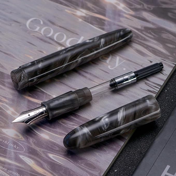 Asvine C80 Fountain Pen #8 Stub 1.1mm Nib Large Handcraft Calligraphy Art Drawing Pen with Converter Pen Case Collection Set (Gray Ripple)