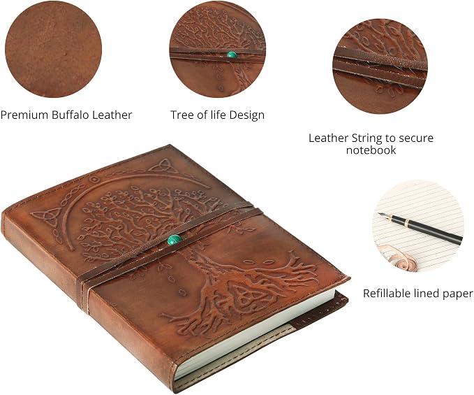 Leather Journal in Brown 8x6 Refillable Lined Paper Tree of Life Handmade writing Notebook Diary Leather Bound Daily Notepad for women and men Writing pad for Artist Sketch
