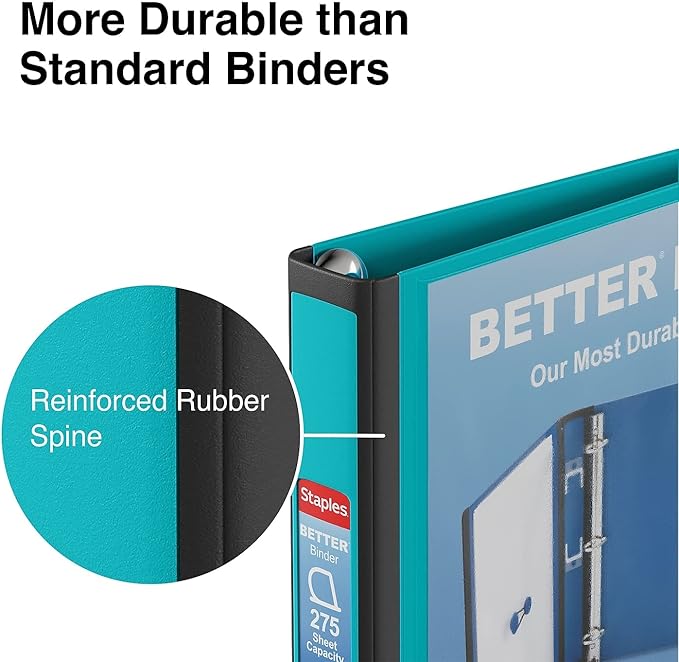 Staples Better Binder 1-Inch D-Ring View Binder, Reinforced Spine, Holds Up to 275 Sheets, Teal, for Office & School