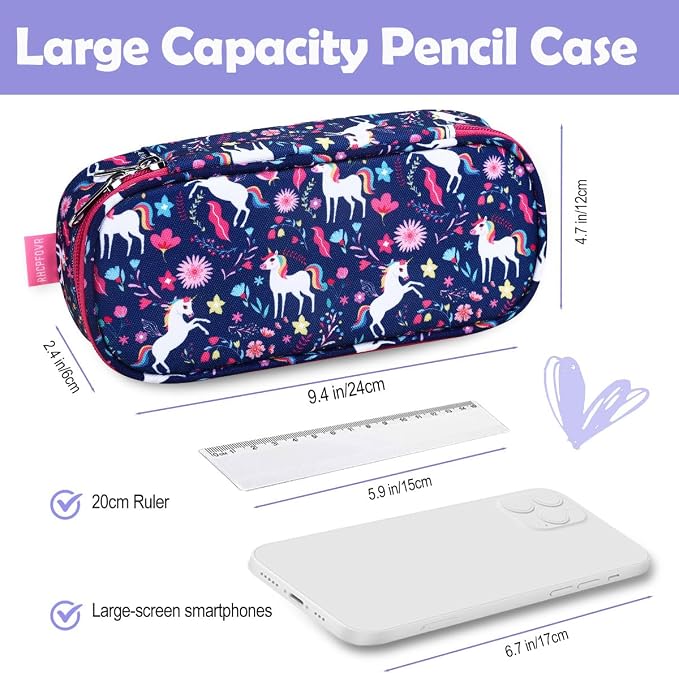 RHCPFOVR Kids Pencil Case for Girls-Soft Zipper Large Capacity Pencil Pouch for Girls Pencil Case for School Pencil Bag for Toddler (Deep Blue Unicorn)