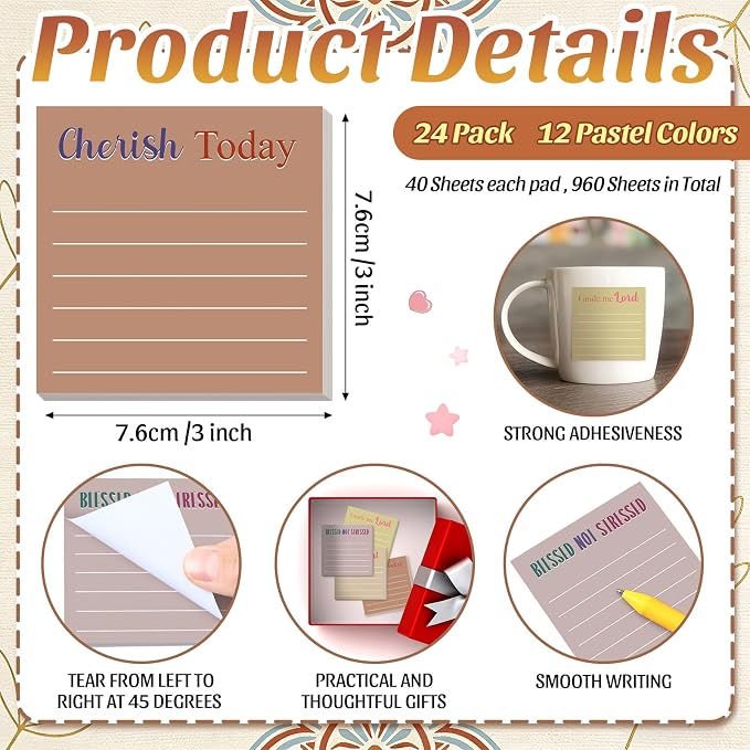Yinder 24 Pcs Inspirational Sticky Notes, Back to School Supplies, Cute Motivational Sticky Notes Pad Employee Appreciation Gifts Bulk for Teacher Coworker Office 3 x 3'' (Bible,Boho)