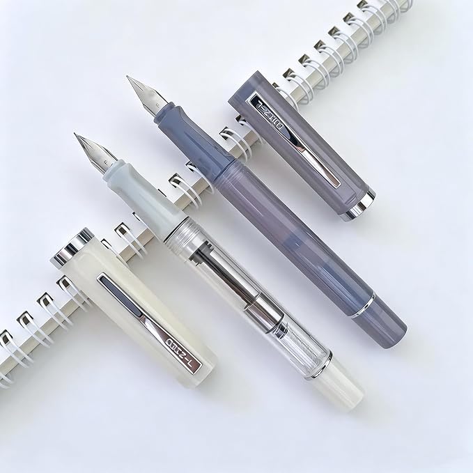 2-Pack Jinhao 58D Fountain Pen Set, Transparent White & Gray 0.5mm Fine Nib | Transparent Resin, Ergonomic Triangular Grip. Includes Converter 3.4mm, Perfect For Office & Journaling