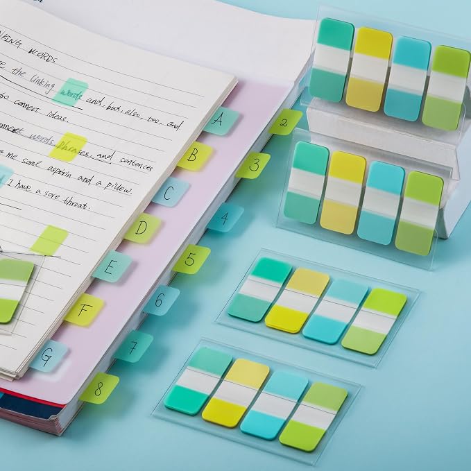 Golcellia 480 Pieces Sticky Index Tabs Transparent Sticky Notes, Colored Page Markers for Bookmarks, Writable and Repositionable Index Annotation Tabs(Teal,Blue,Yellow,Green)