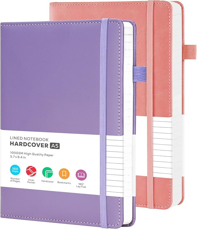 Lined Journal Notebook for Women Men, 2 Pack, 160 Pages per Pack, A5 (5.7'' x 8.4") Hardcover Journaling Notebook College Ruled for Writing Work, School Office Supplies, Pink & Purple, 100GSM Paper