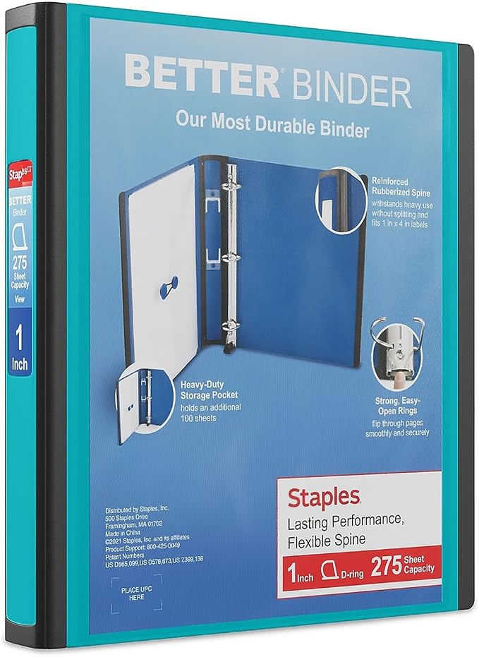 Staples Better Binder 1-Inch D-Ring View Binder, Reinforced Spine, Holds Up to 275 Sheets, Teal, for Office & School