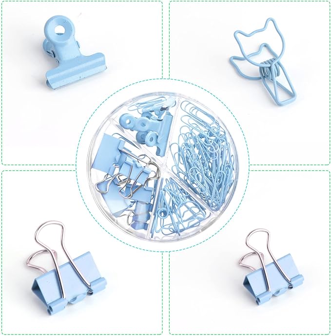 Paper Binder and Clips Set, Metal Assorted Sized Binders with Push Pins, Cute Office Supplies, Teacher Desk Must Haves, Cute Desk Accessories (72, Blue, 1 Pack)