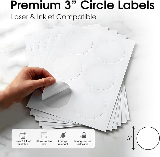 3" Printable Round Labels for Laser and Inkjet Printers - 1500 Blank Labels, 250 Sheets for Business Logos, Thank You Stickers, Price Tags, QR Codes - Spartan Industrial Template C006