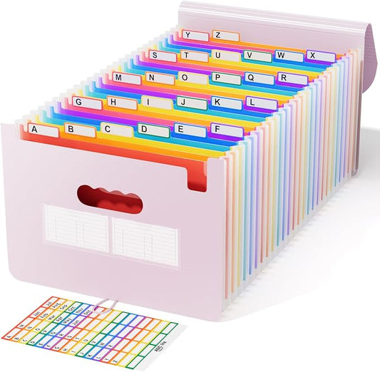 ABC life 26-Pocket Accordion File Organizer, Expanding File Folder, Letter/A4 Size Plastic Monthly Bill & Tax Receipt Holder with A-Z Tabs for Home, Office, Classroom - Pinkish Purple