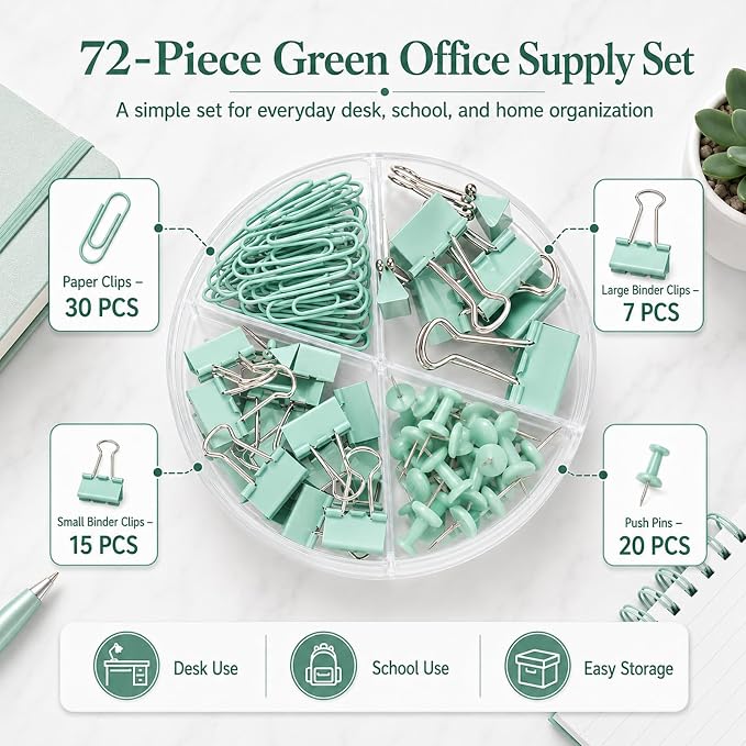 Paper Binder and Clips Set, Metal Assorted Sized Binders with Push Pins, Cute Office Supplies, Teacher Desk Must Haves, Cute Desk Accessories, Green, 1 Pack