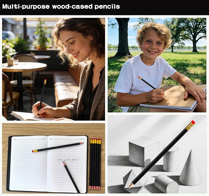 Adhere 25pcs Woodcase Pencils with Eraser Premium Pre-Sharpened Hexagon Graphite 2B pencils ideal for home, office writing including a Free Sharpener(Black・25pcs)