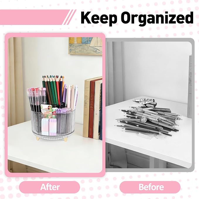 360 Rotating Pen Pencil Holder for Desk, Pen Organizer with 5 Slots, Makeup Brush Holder, Desk Organizer and Accessories, Cute Pencil Cup Caddy for Office School Home Decor Art Supply (Clear)